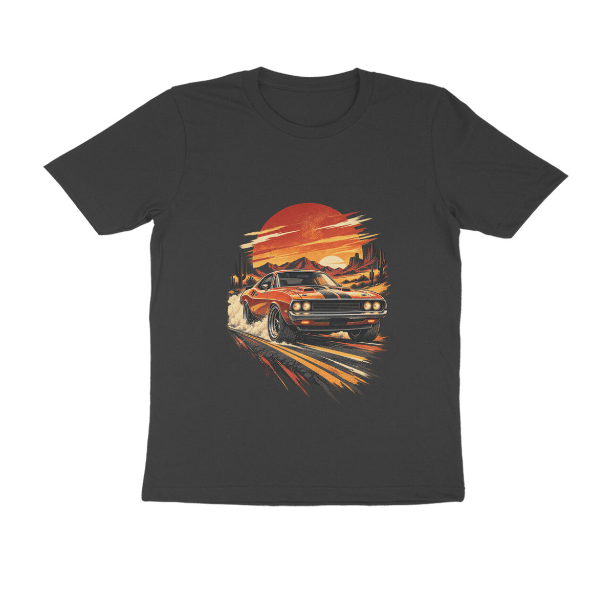 Black vintage automotive graphic T-shirt front mockup
